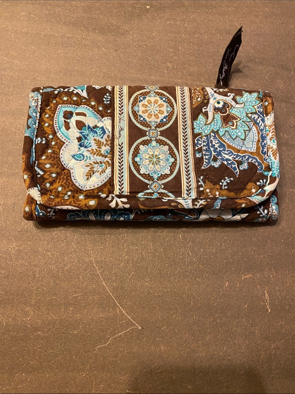 Vintage Vera Bradley Java Blue Trifold Wallet Quilted Cotton Brown Teal 7”x4”